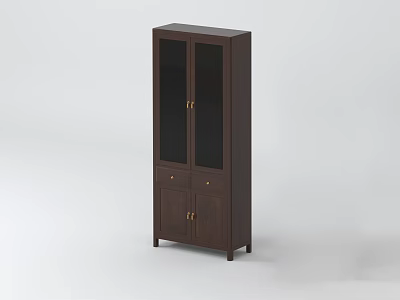 Dark Wood Bookcase With Double Glass Doors Brass Handles And Bottom Storage Drawers 3d model