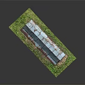 Red Brick Model Structure With Three Arched Openings Blue Metal Roof And Green Grass Base
