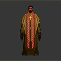 A Man in Ornate Robe With Cross Yellow Green Red Against Gray Background