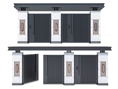 Modern Black Double Entrance Doors With Decorative Pillars And Side Panels 3d model