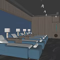 Modern Lounge Area With Blue Recliners Lamps Wooden Accents Dark Marble Flooring And Large Screen
