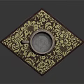 Decorative Metal And Wooden Mug With Shield Motifs Brown Handle On Intricate Patterned Mat