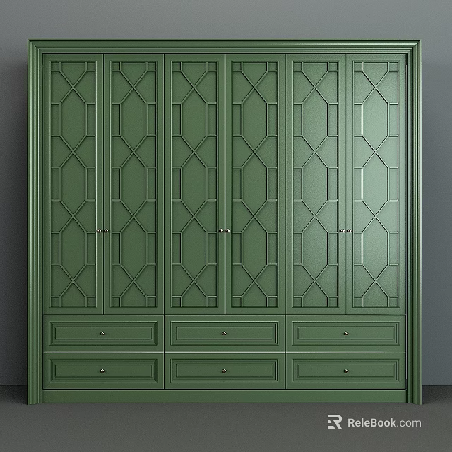 Modern Green Cabinet With Geometric Lattice Doors And Multiple Drawers For Home Storage 3d model 