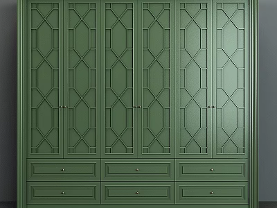 Modern Green Cabinet With Geometric Lattice Doors And Multiple Drawers For Home Storage 3d model