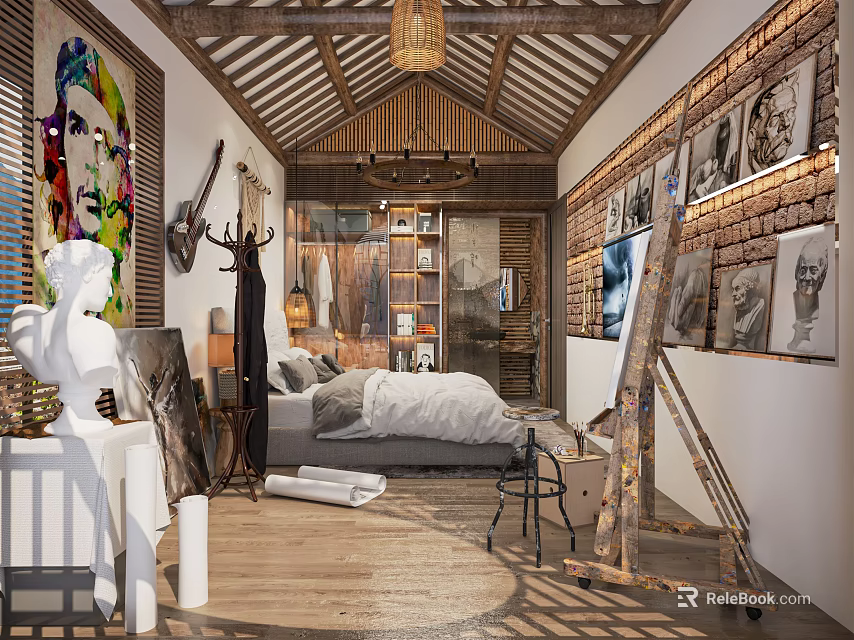 Artistic Hotel Room Interior With Wooden Ceiling Brick Wall Sculptures And Paintings 3d model 
