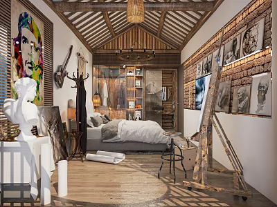 Artistic Hotel Room Interior With Wooden Ceiling Brick Wall Sculptures And Paintings 3d model