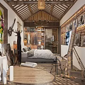 Artistic Hotel Room Interior With Wooden Ceiling Brick Wall Sculptures And Paintings