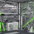 STARWALL Exhibition Space With Green Lines Gray Background And Decorative Structures