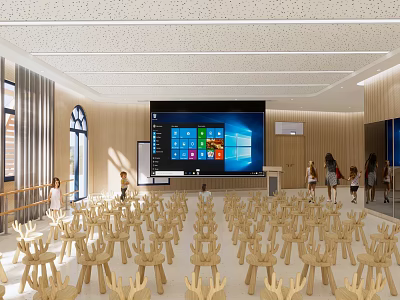 Bright Kindergarten Classroom With Wooden Chairs And Large Interactive Screen For Children 3d model