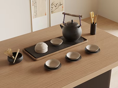 Traditional Japanese Tea Set With Black Teapot Tray And Ceramic Cups On Wooden Table 3d model