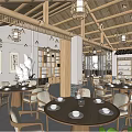 Minimalist Restaurant Interior With Wooden Ceiling Hanging Lights Round Tables And Light Chairs