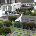Modern Urban Commercial Landscape With High Rise Buildings Open Courtyard And Lush Greenery Features