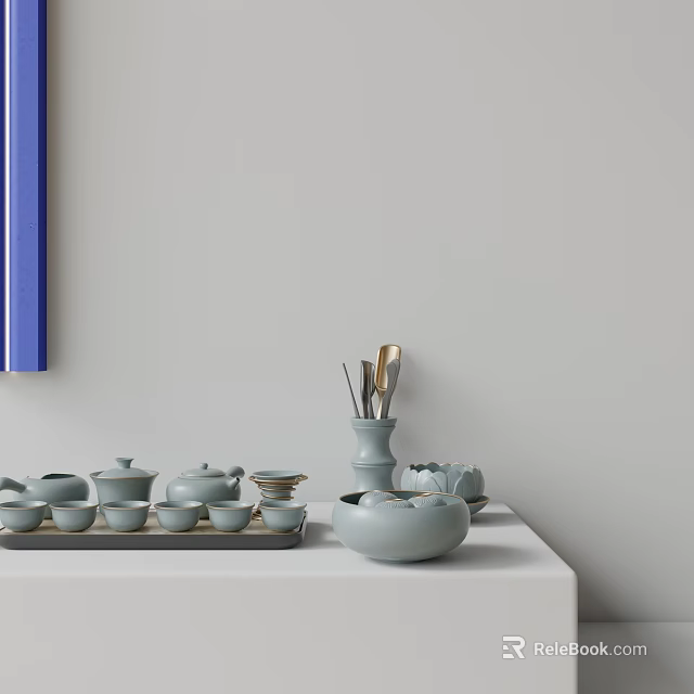 Light Blue Decorative Ornament Set With Teapot Teacups Saucers Utensils In Vase On White Tabletop 3d model 