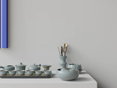 Light Blue Decorative Ornament Set With Teapot Teacups Saucers Utensils In Vase On White Tabletop 3d model