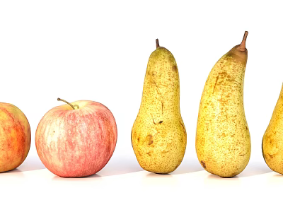 Fresh Red Apples and Yellow Pears Displayed in a Line on White Background 3d model