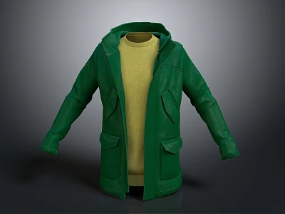 Stylish Green Hooded Coat with Yellow Sweater and Front Pockets Design 3d model