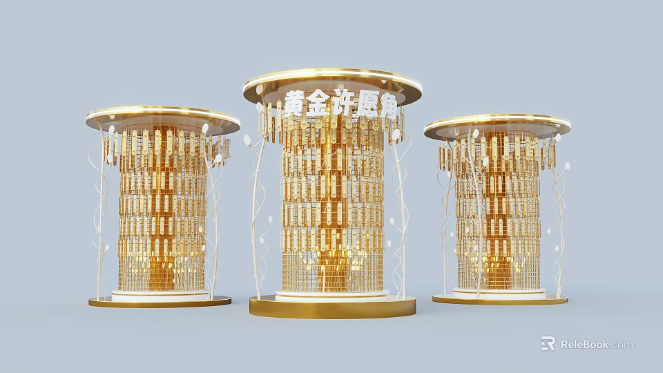 Interactive Zone Featuring Golden Wishing Trees And Decorative Column Structures 3d model