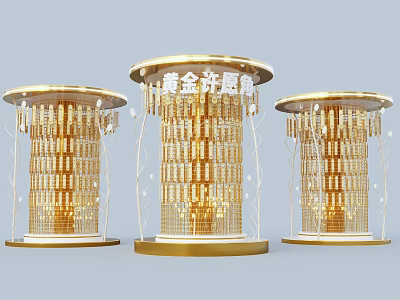 Interactive Zone Featuring Golden Wishing Trees And Decorative Column Structures 3d model