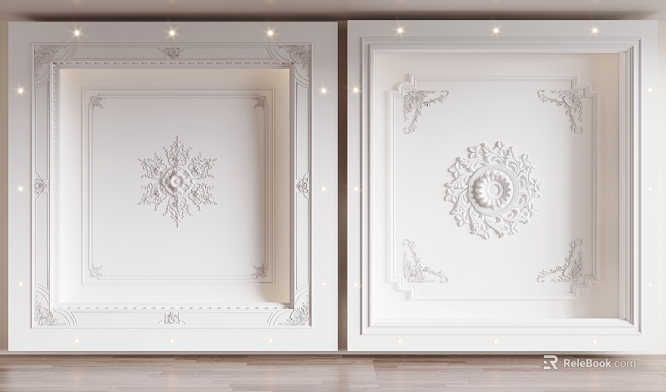Elegant White Ceiling Design With Ornate Decorative Patterns And Recessed Lights 3d model 