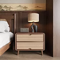 Wooden Nightstand With Rattan Drawers And Table Lamp By Bed In Bedroom