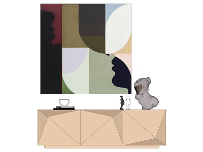Colorful Abstract Artwork Above Geometric Cabinet With Koala Figurine And Decor 3d model