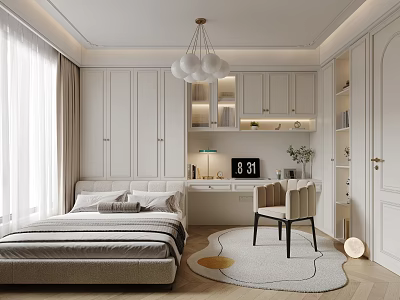 Cozy Tatami Bedroom Interior Design With Tatami Bed White Cabinetry Desk And Chandelier 3d model