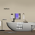 White Freestanding Bathtub in Modern Bathroom with Beige Wall Metal Racks Hanging Towels and Table