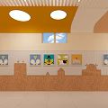 Bright School Interior With Yellow Ceiling Round Lights And Wall Display Frames 3d model