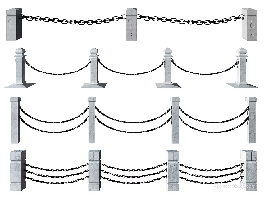 Different Stone Pillar Fences Connected by Iron Chains in Various Designs 3d model