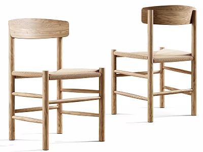 Two Oak Wooden Frame Leisure Chairs With Woven Seat And Minimalist Design 3d model