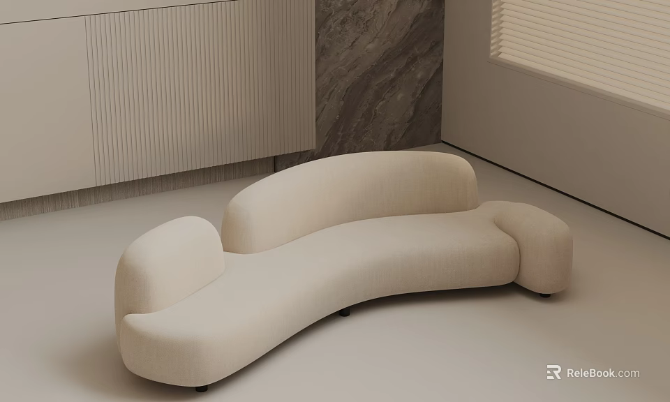 Modern Curved Beige Three-Seater Sofa In Minimalist Interior With Light Colored Floor And Walls 3d model 