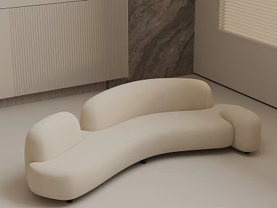 Modern Curved Beige Three-Seater Sofa In Minimalist Interior With Light Colored Floor And Walls 3d model