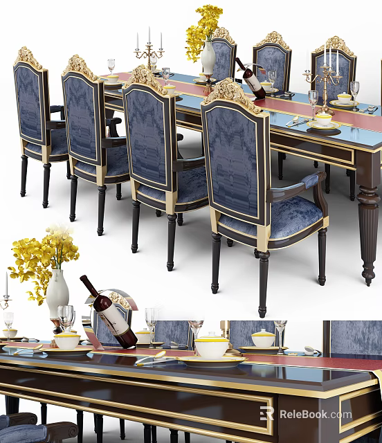 Luxurious Dining Table Set With Blue Upholstered Chairs Gold Accents And Tableware 3d model 