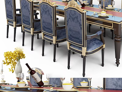 Luxurious Dining Table Set With Blue Upholstered Chairs Gold Accents And Tableware 3d model