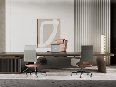 Modern Office Desk In Neutral Tones With Two Chairs Laptop Abstract Painting And Floor Lamp 3d model
