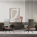 Modern Office Desk In Neutral Tones With Two Chairs Laptop Abstract Painting And Floor Lamp