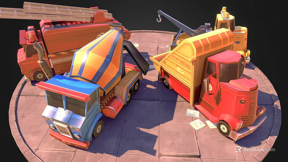 Colorful Utility Vehicles Including Blue Orange Red Concrete Mixer And Dump Trucks 3d model 
