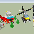 Building Blocks Set Featuring Fire Truck Helicopter Viking Figure And Small Pine Trees