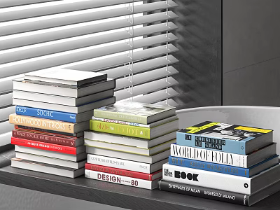 Colorful Stack of Books With Design And World Folk Art Themes By Window Blinds 3d model
