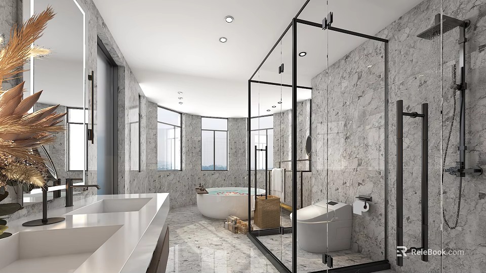 Modern Bathroom Interior With Marble Walls Glass Shower Double Sinks And Bathtub 3d model 