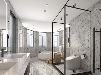Modern Bathroom Interior With Marble Walls Glass Shower Double Sinks And Bathtub 3d model