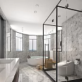 Modern Bathroom Interior With Marble Walls Glass Shower Double Sinks And Bathtub