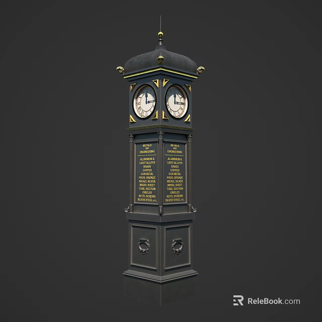 Black Clock Tower With Golden Decorations Two Clock Faces And Inscriptions 3d model 