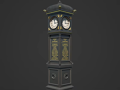 Black Clock Tower With Golden Decorations Two Clock Faces And Inscriptions 3d model
