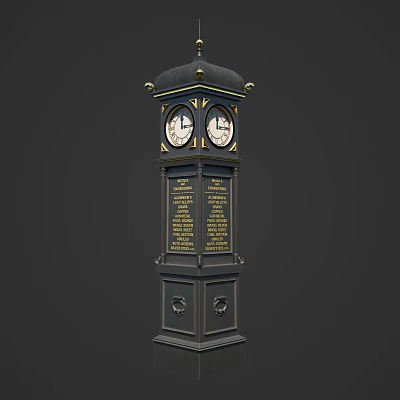 Black Clock Tower With Golden Decorations Two Clock Faces And Inscriptions 3d model