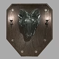 Metallic Ram Head Wall Sconce with Wooden Backplate and Decorative Chain Details