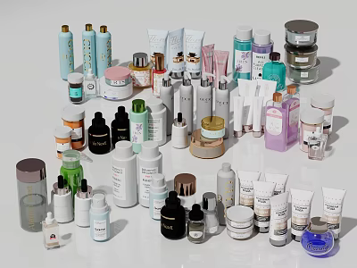 Assorted Perfume and Cosmetics Collection with Various Skincare Bottles and Beauty Products 3d model