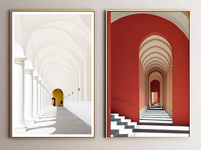 Two Landscape Paintings Featuring White Arches Columns Yellow Door And Red Arches Stairs Steps 3d model