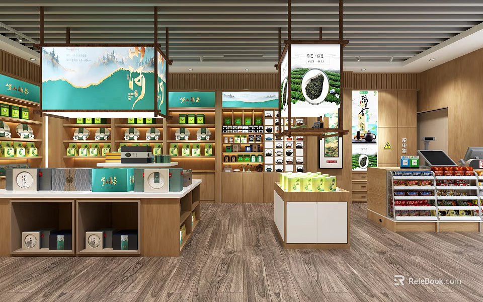Tea Specialty Store Interior With Wooden Display Shelves And Tea Products 3d model 