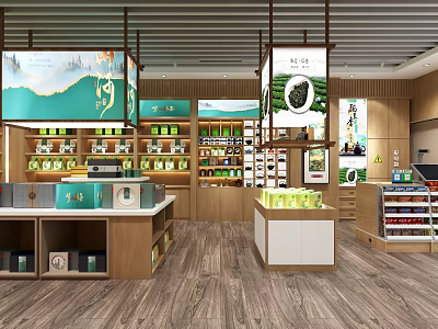 Tea Specialty Store Interior With Wooden Display Shelves And Tea Products 3d model